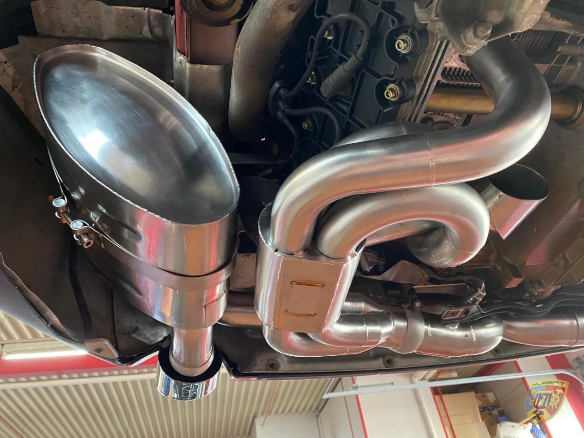 993 Carrera - RS Sportauspuff Sportkat Heizung Edelstahl poliert 2 Endrohre für Porsche 911 – Albert Motorsport
